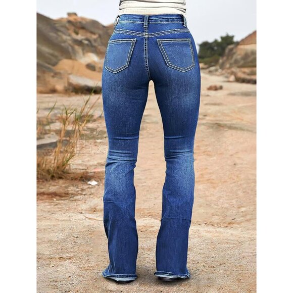 Women’s Bootcut Jeans Mid Rise Ripped Stitch Casual Fashion - Picture 5 of 5